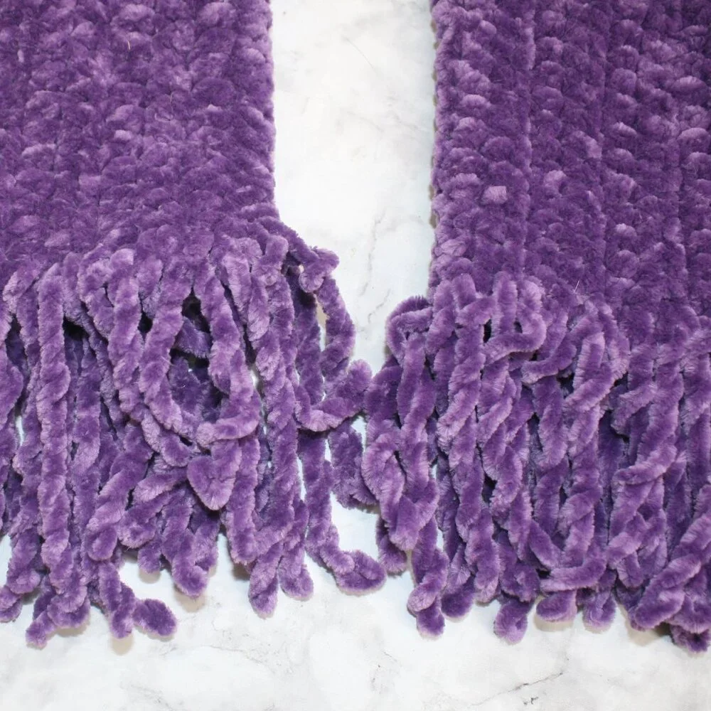 HAND CRAFTED Gloves Fingerless Crochet Chenille Winter Cozy Velvet Fringe Purple
